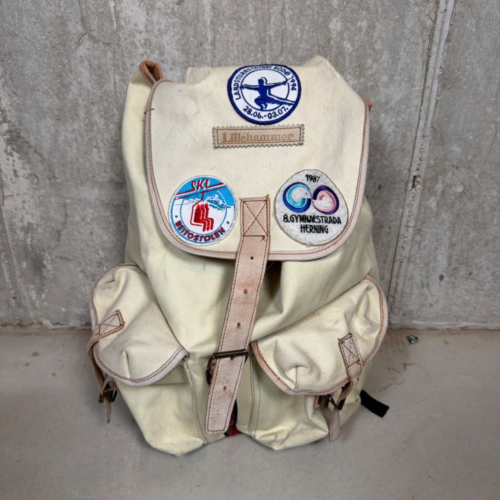Vintage 90s Lillehammer norway Ski Patch Canvas Backpack Cream Rucksack Leather